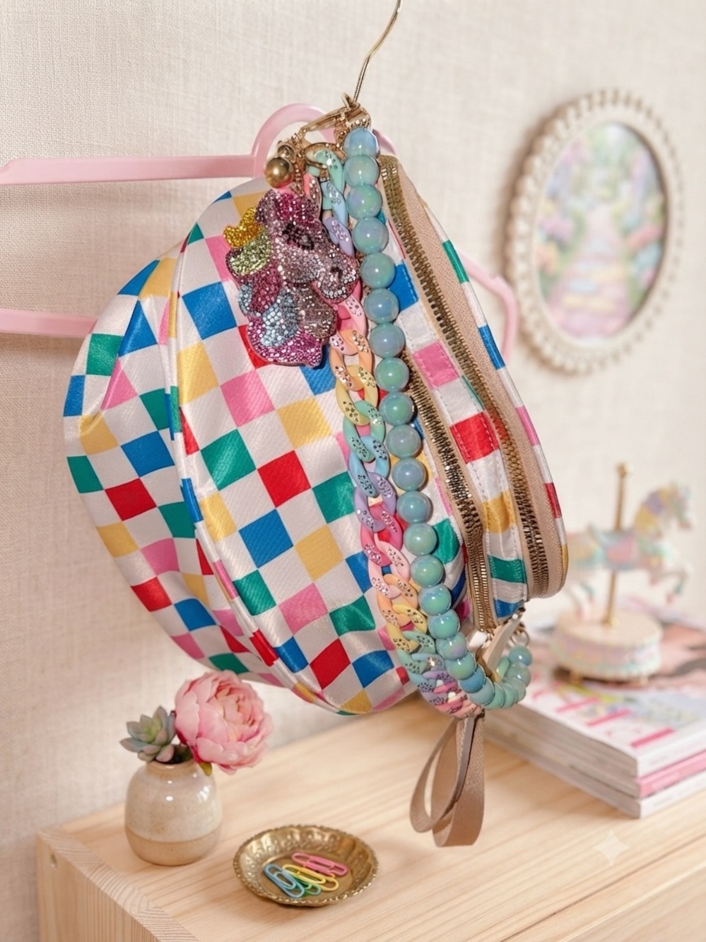 Multicolor Checkered Round Crossbody Bumbag with Beaded Strap